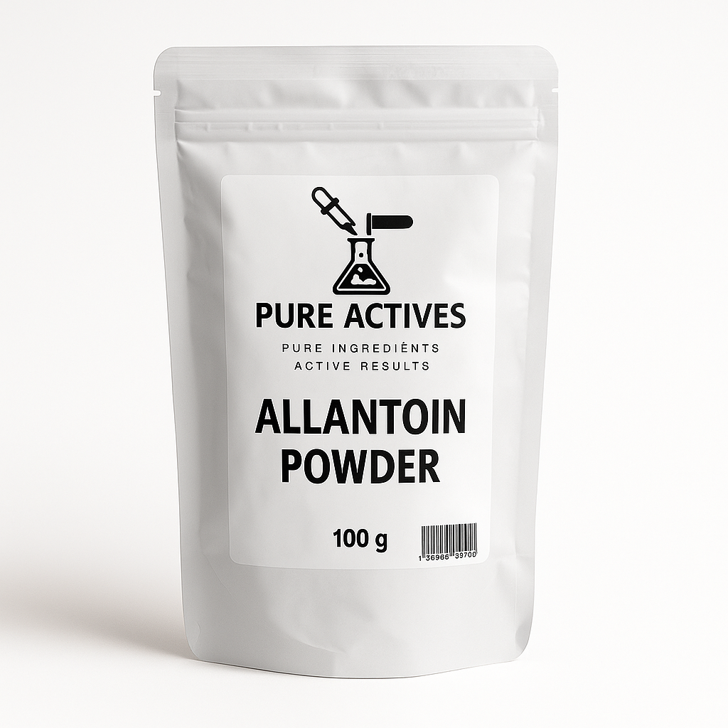 High-purity Allantoin powder from PureActivesCo in resealable pouch – skin-soothing, moisturizing, and healing cosmetic ingredient