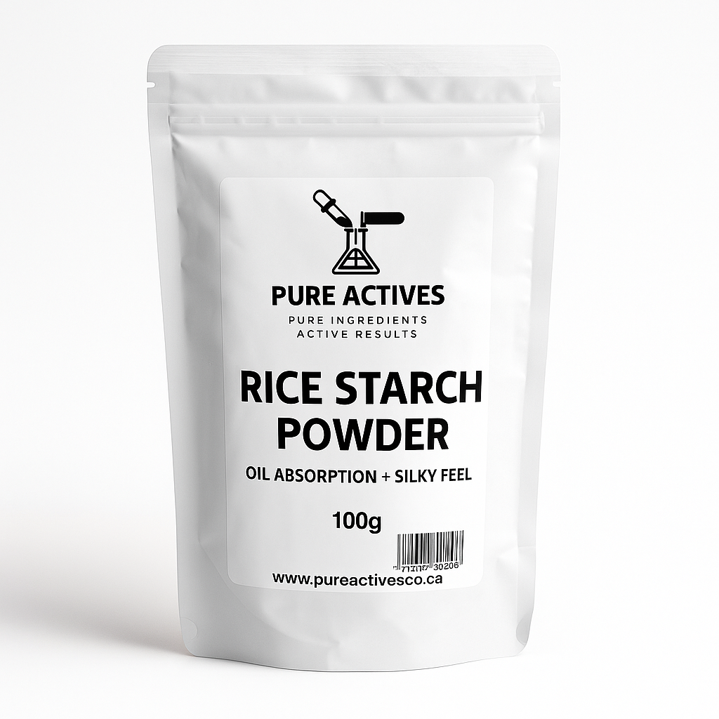 White package of rice starch powder for oil control. cosmetic supplier in Canada.