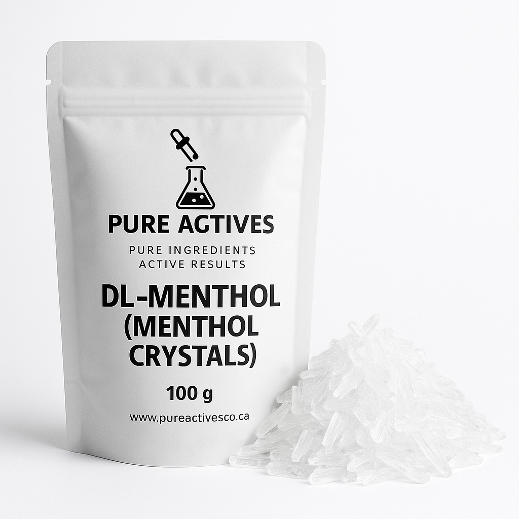 PureActivesCo Menthol Crystals – natural peppermint-derived cooling agent for balms, gels, and skincare formulations