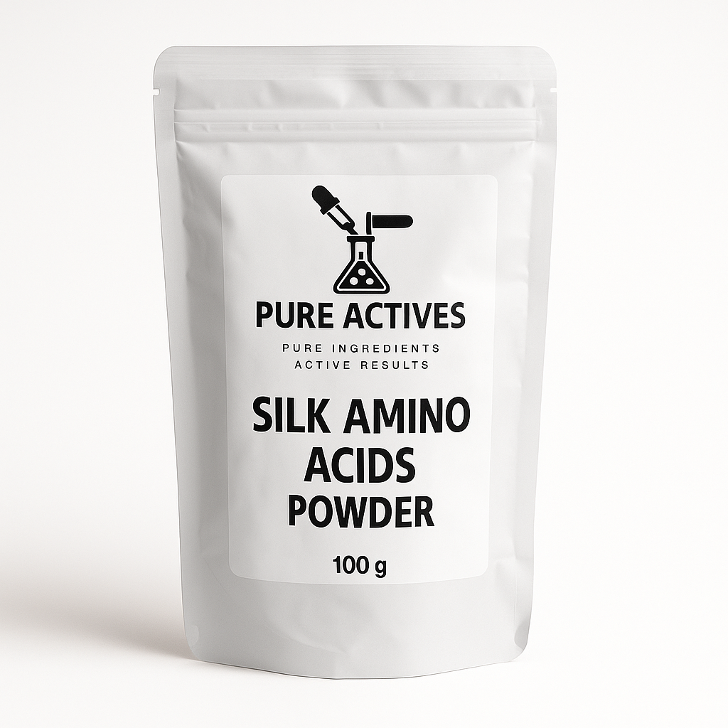 Pure Silk Amino Acids liquid in cosmetic-grade bottle from PureActivesCo – natural protein booster for shiny hair and hydrated skin.