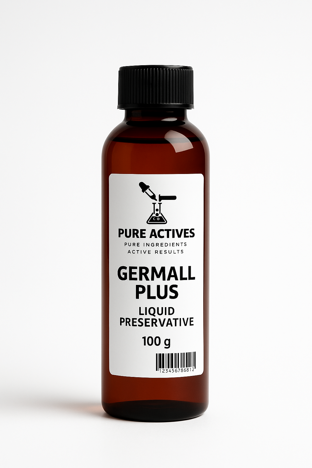 Bottle of Germall Plus liquid preservative with a label on a white background