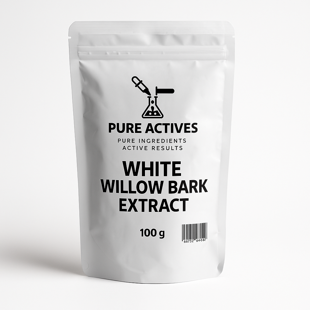 White Willow Bark Extract is a natural source of salicylic acid (BHA) and tannins, known for its gentle exfoliating, clarifying, and soothing properties. This botanical active helps unclog pores, refine skin texture, and reduce redness — making it perfect for acne-prone, oily, or dull skin types.
Unlike synthetic salicylic acid, White Willow Bark offers a mild, plant-based exfoliation that smooths the skin while maintaining hydration and balance. It’s also packed with anti-inflammatory compounds that calm