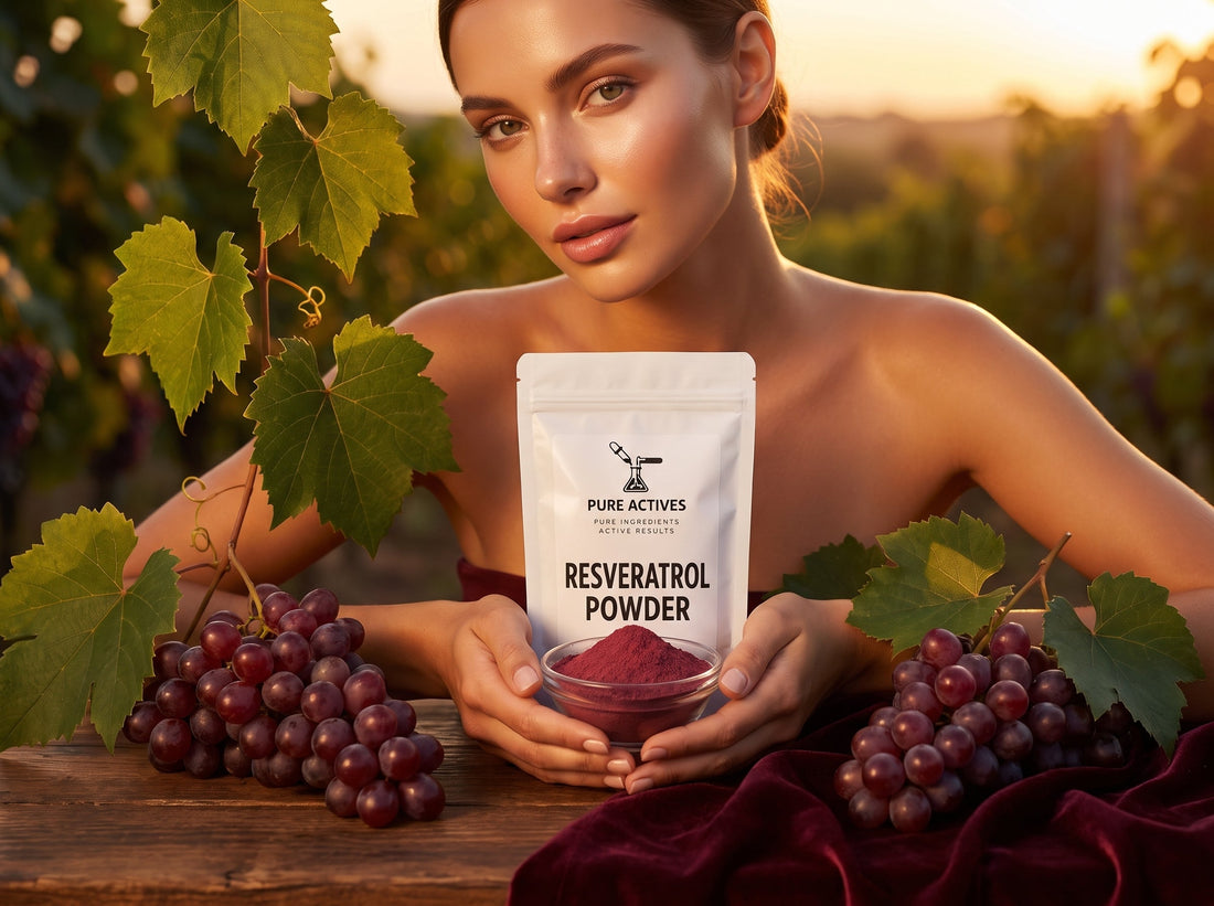 Model holding Pure Actives Resveratrol Powder pouch with fresh grapes in a vineyard setting