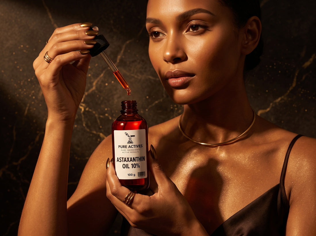 Model holding Pure Actives Astaxanthin Oil 10% dropper bottle with deep red-orange oil drop, dark marble background