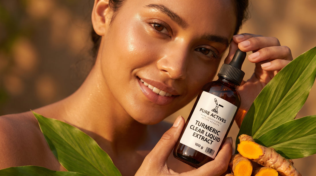 Model holding Pure Actives Turmeric Clear Liquid Extract bottle with fresh turmeric roots and leaves