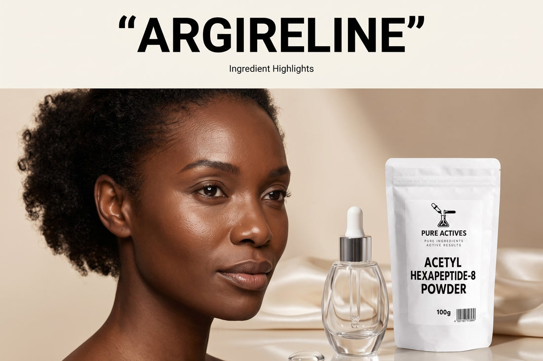 Woman with natural hair beside Pure Actives Acetyl Hexapeptide-8 powder and a serum bottle, with Argireline Ingredient Highlights headline