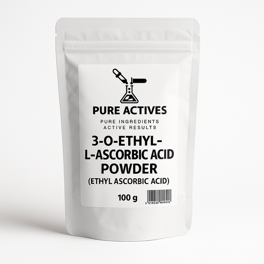 PureActivesCo 3-O-Ethyl-L-Ascorbic Acid powder – stable Vitamin C brightening and anti-aging ingredient for serums and creams.