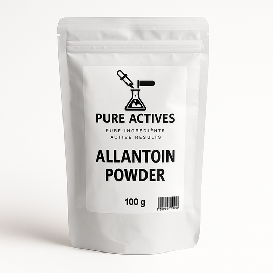 High-purity Allantoin powder from PureActivesCo in resealable pouch – skin-soothing, moisturizing, and healing cosmetic ingredient