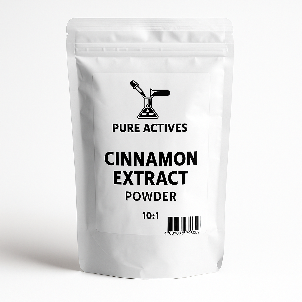 White packaging of cinnamon extract powder. Canada cosmetic supplier of raw ingredients