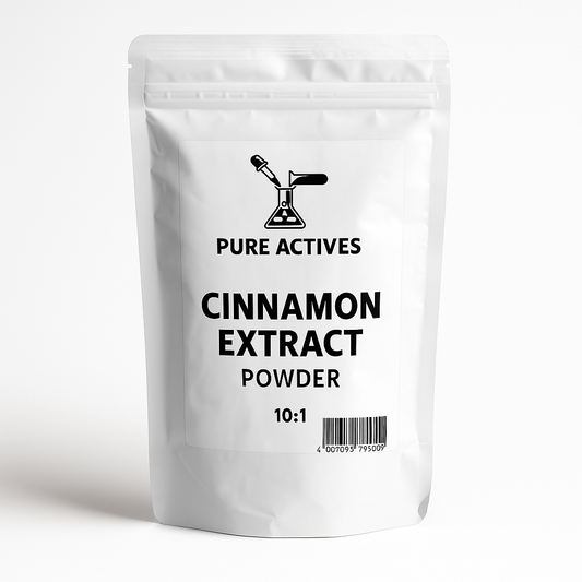 White packaging of cinnamon extract powder. Canada cosmetic supplier of raw ingredients