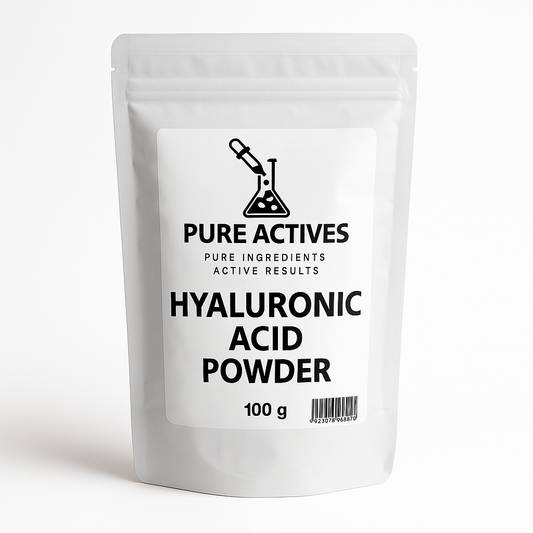 “PureActivesCo Hyaluronic Acid 1300 kDa powder – high molecular weight hydration and barrier-protecting ingredient for luxury skincare formulations.