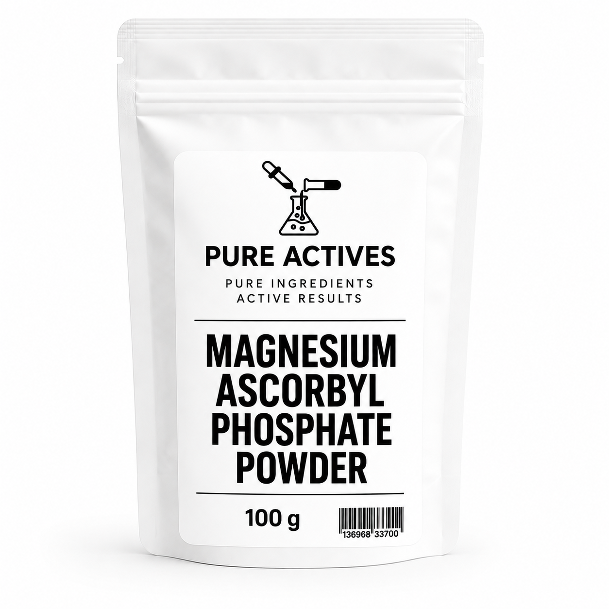 A white stand-up pouch of Pure Actives Magnesium Ascorbyl Phosphate Powder, 100g, shown on a clean white background.