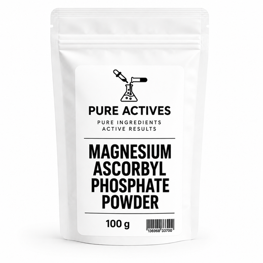 A white stand-up pouch of Pure Actives Magnesium Ascorbyl Phosphate Powder, 100g, shown on a clean white background.
