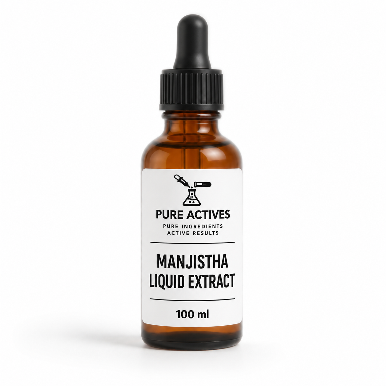 A 100 ml amber glass dropper bottle of Pure Actives Manjista Liquid Extract, featuring a white label with black text and a black dropper cap, set against a plain white background.