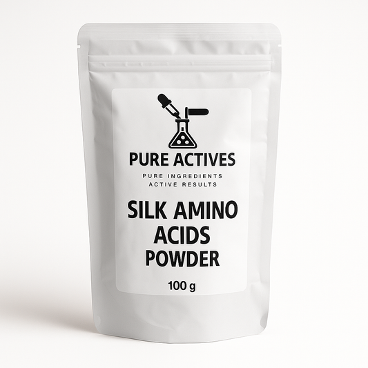 Pure Silk Amino Acids liquid in cosmetic-grade bottle from PureActivesCo – natural protein booster for shiny hair and hydrated skin.