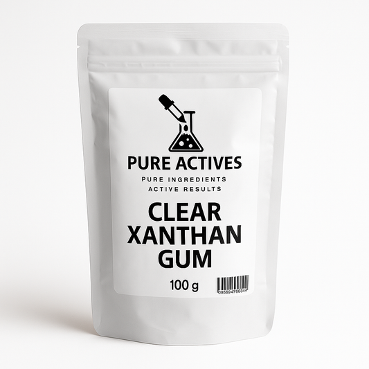 High-purity Xanthan Gum cosmetic thickener powder in resealable PureActivesCo pouch – natural stabilizer for lotions, gels, and serums.”