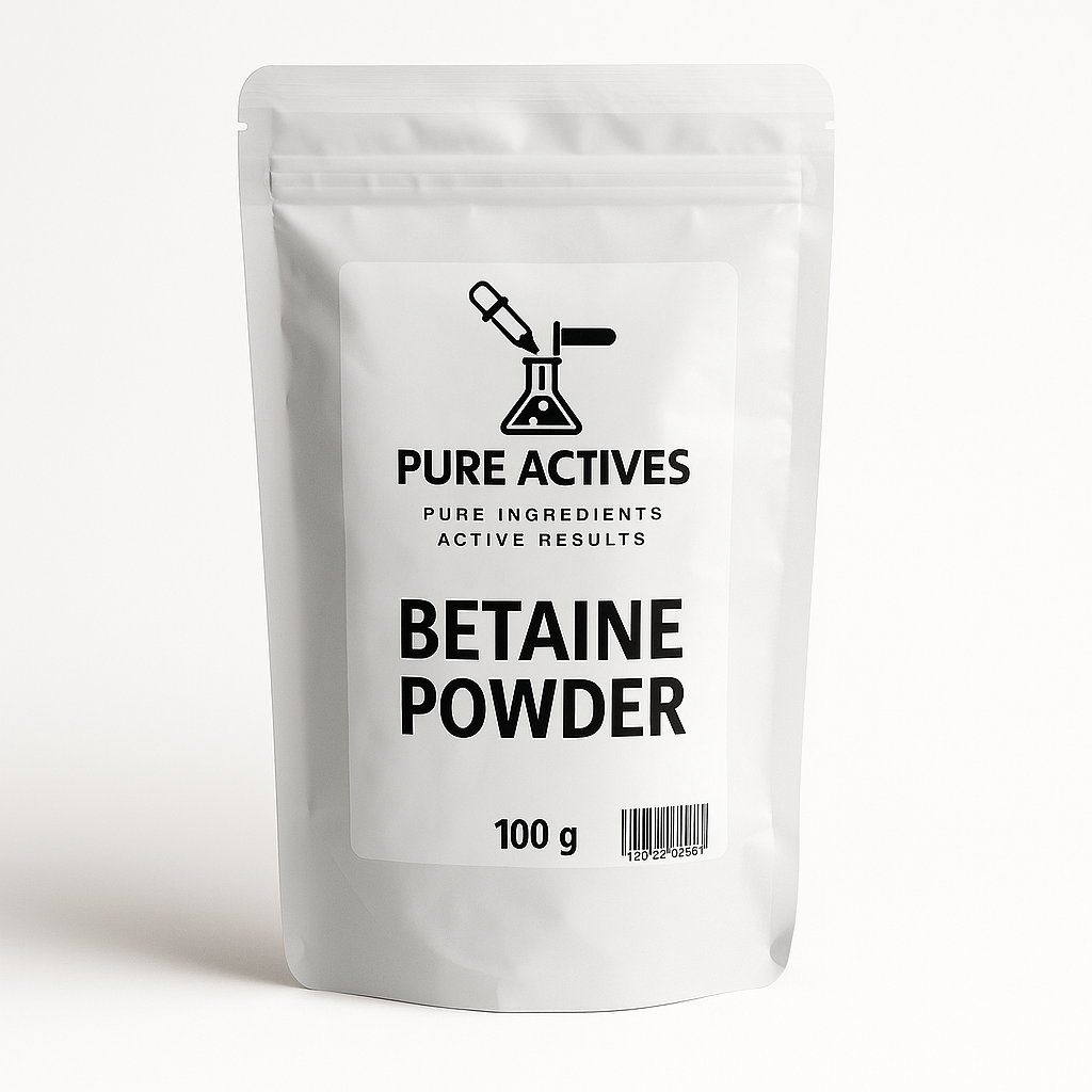 Bag of betaine powder with 'Pure Actives' branding on a white PureActivesCo Betaine Powder – natural sugar-beet-derived hydrating and skin-conditioning ingredient for cosmetic formulations.”background