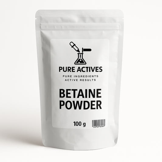 Bag of betaine powder with 'Pure Actives' branding on a white PureActivesCo Betaine Powder – natural sugar-beet-derived hydrating and skin-conditioning ingredient for cosmetic formulations.”background