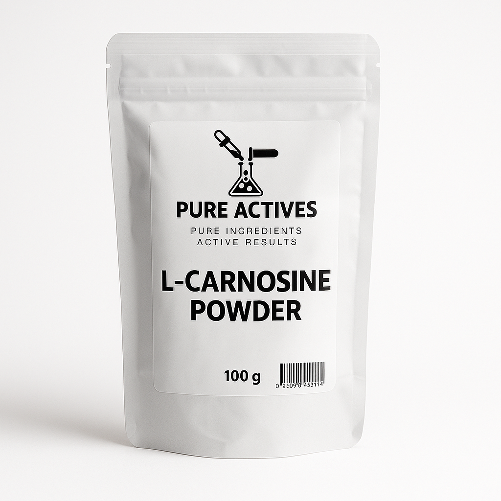 PureActivesCo L-Carnosine Powder – anti-glycation and firming peptide active for anti-aging serums and luxury skincare formulations.”
