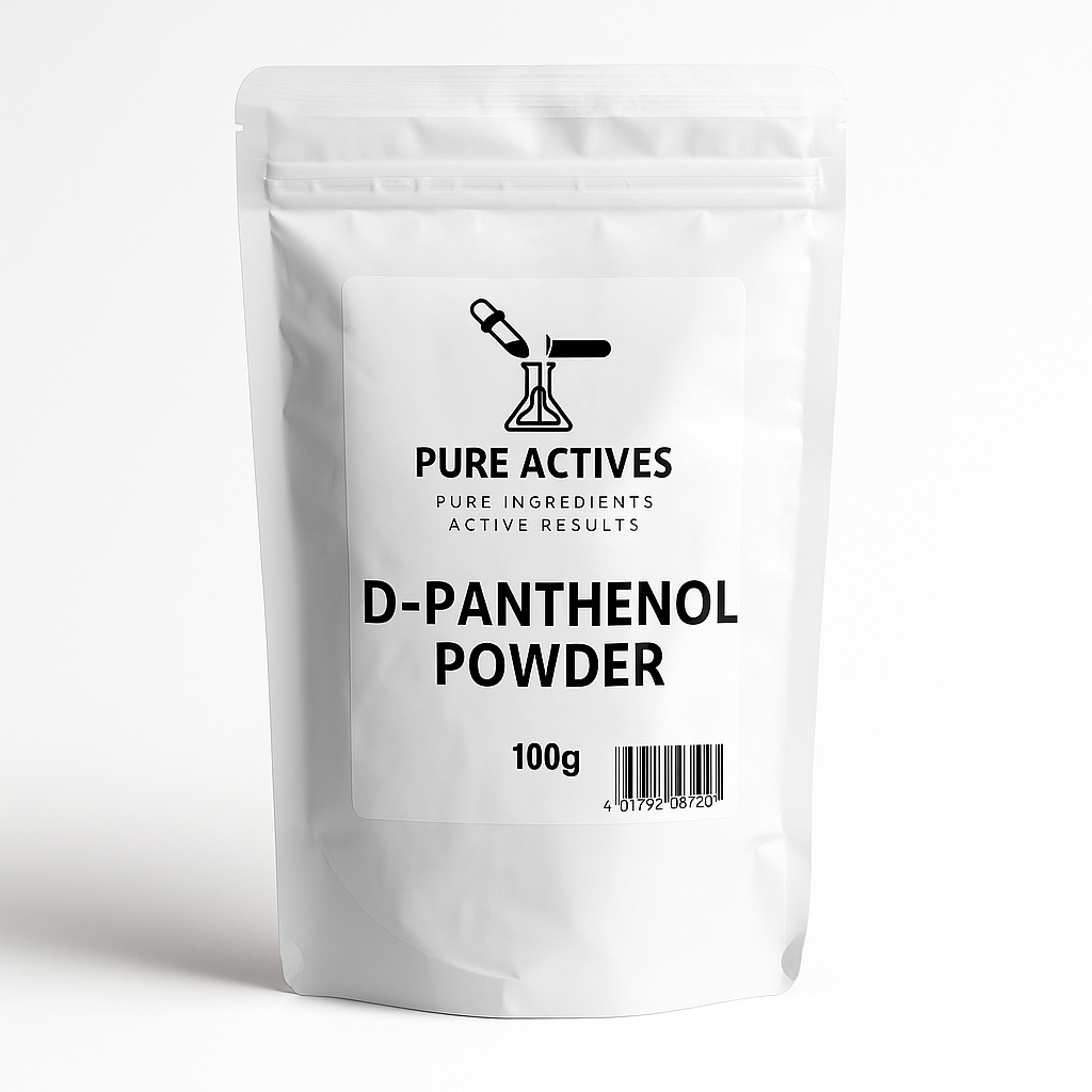 White packaging of D-Panthenol Powder with 'Pure Actives' branding on a white background. PureActivesCo D-Panthenol Powder – cosmetic-grade Vitamin B5 moisturizing and barrier-repair ingredient for skin and hair formulations.