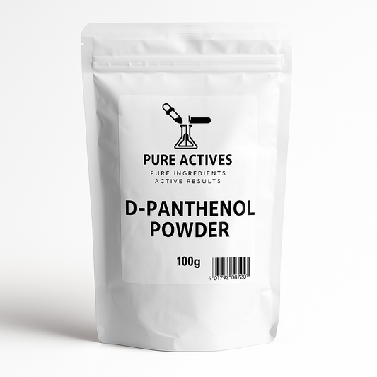 White packaging of D-Panthenol Powder with 'Pure Actives' branding on a white background. PureActivesCo D-Panthenol Powder – cosmetic-grade Vitamin B5 moisturizing and barrier-repair ingredient for skin and hair formulations.