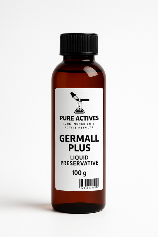 Bottle of Germall Plus liquid preservative with a label on a white background