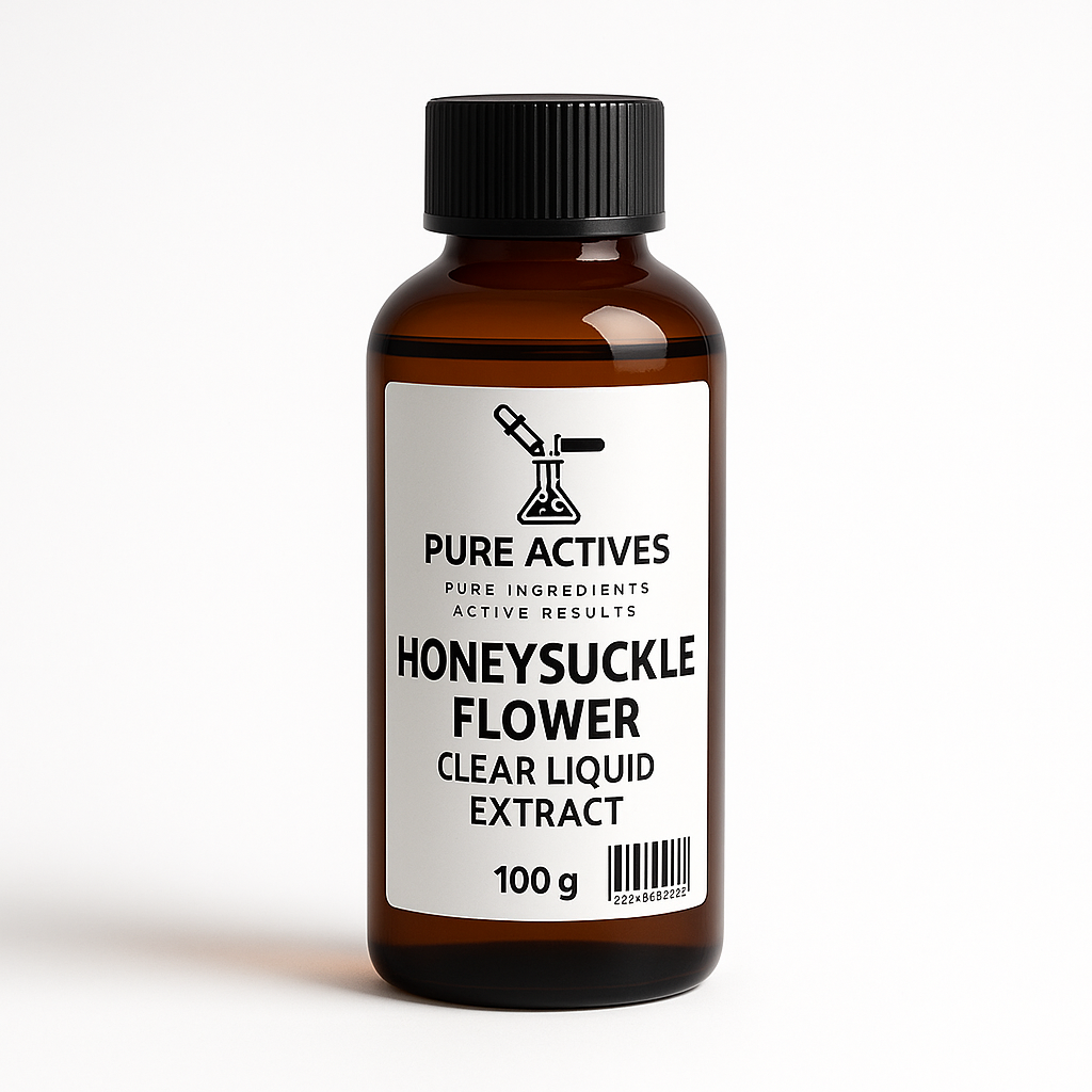PureActivesCo Honeysuckle Clear Extract – water-based, colorless botanical for soothing, antioxidant, and clean skincare formulations.