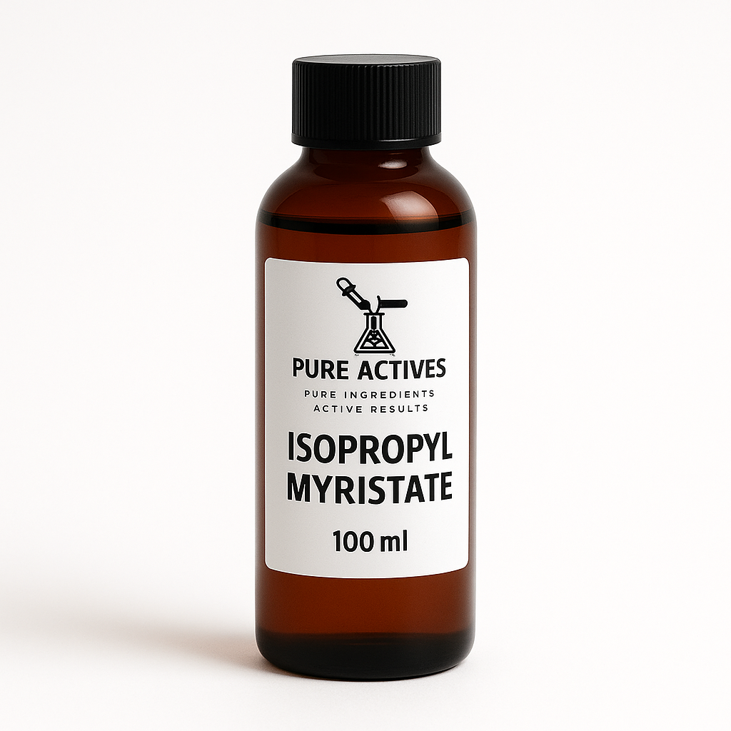 Bottle of Isopropyl Myristate with 'Pure Actives' label on a white background