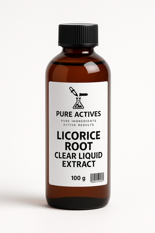 PureActivesCo Licorice Clear Liquid Extract – water-based, colorless licorice botanical for brightening, soothing, and clear skincare formulations.